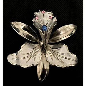 Vtg Iris Orchid Brooch Pin Silver-color Pink Blue Costume Stones 2.75" x 2.5"
